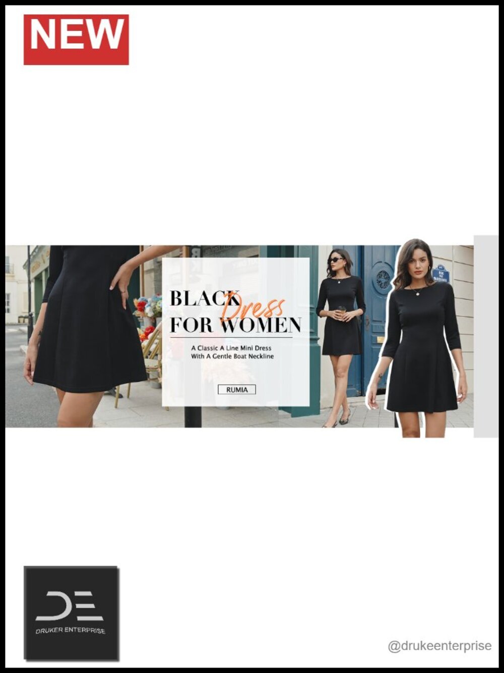 Women A-Line Boat Neck Mini Dress 3/4 Sleeve Soft Stretchy - Picture 5 of 5